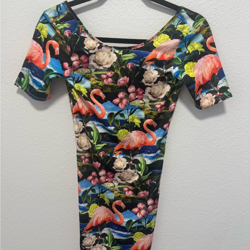 Topshop Multicolor Flamingo and Floral Mini Bodycon Dress Size 0 - Picture 2 of 4